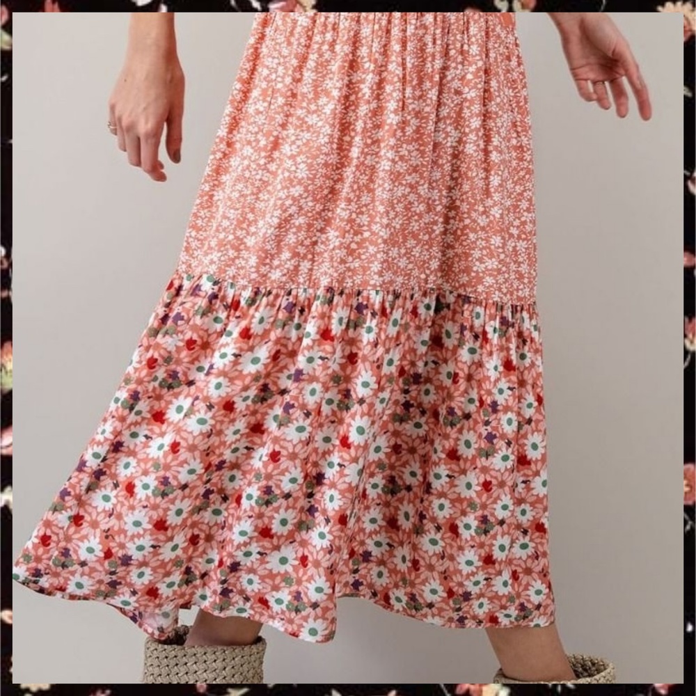 EASEL Mixed Floral Print Midi or Maxi Cottagecore Tiered Prairie Skirt W/Lining - Picture 14 of 16